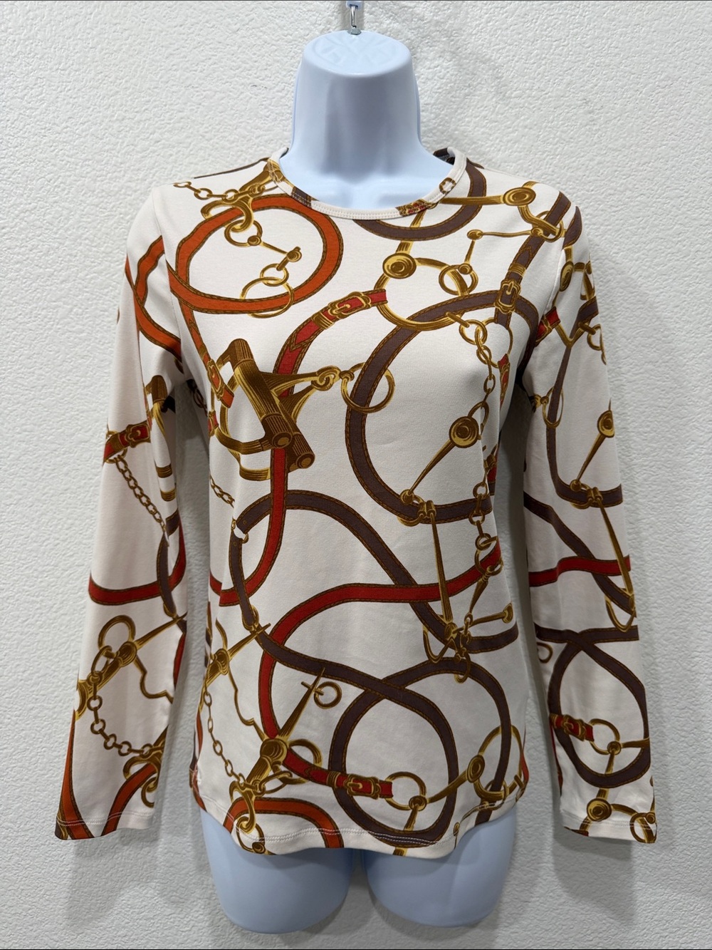 LAUREN RALPH LAUREN Cream Long-Sleeve Chain & Belt Print Top $29